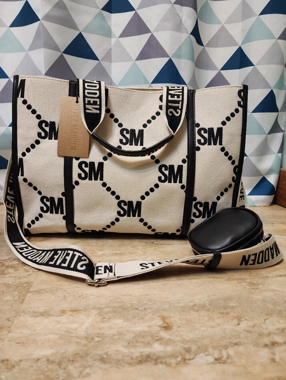 Steve Madden Cream & Black SM Logo Canvas Tote with Strap